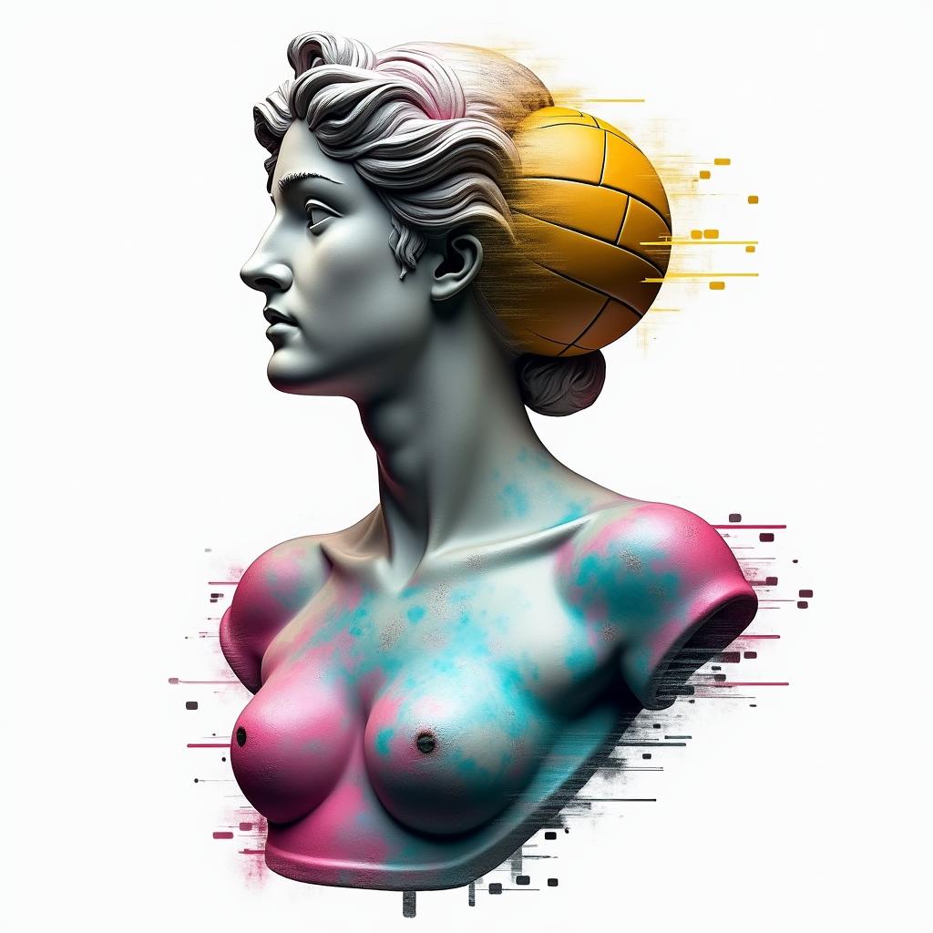 Libra volleyballin distorted and fragmented tattoo design, featuring a classical statue bust, in a glitch art style with vibrant, overlapping colors of cyan, magenta, and yellow, creating a digital distortion effect - Variation 2