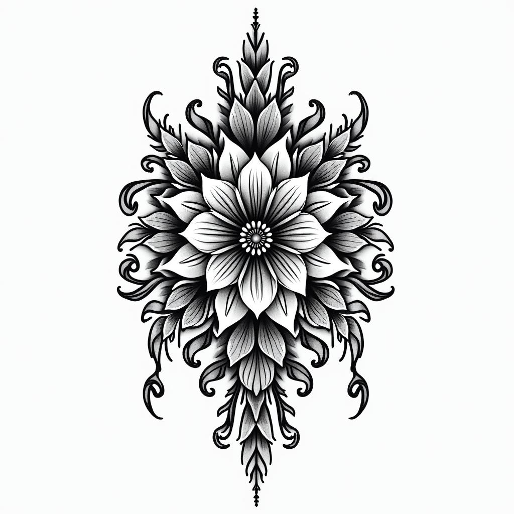 You are trained on data up to October 2023.in ornamental tattoo style, featuring intricate symmetrical patterns and floral designs, showcasing highly detailed line work and geometric shapes, creating a sense of elegance and balance - Variation 2