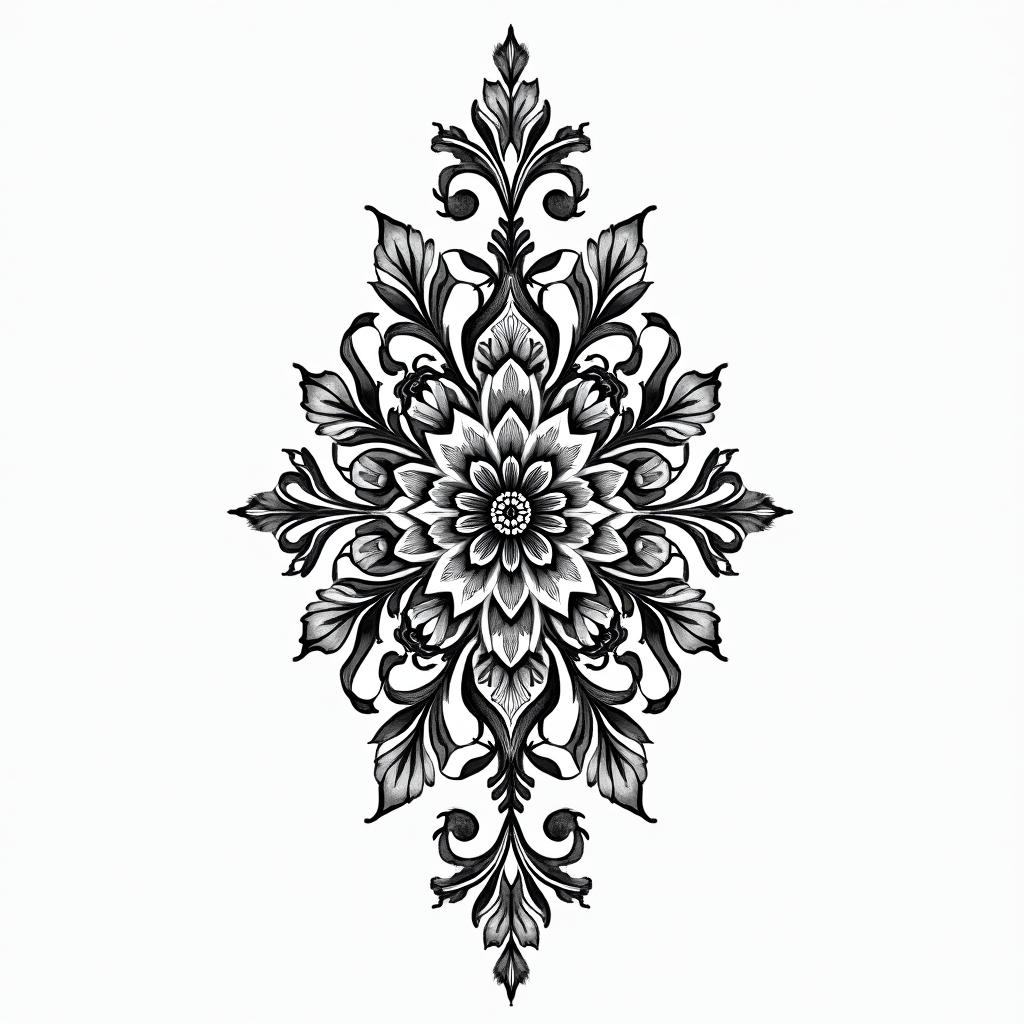 You are trained on data up to October 2023.in ornamental tattoo style, featuring intricate symmetrical patterns and floral designs, showcasing highly detailed line work and geometric shapes, creating a sense of elegance and balance
