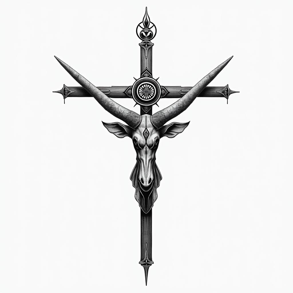 Cross with Texas long horns behind the crossin spiritual symbols tattoo style, featuring an intricate design incorporating elements, Hamsa hand, third eye, minimalist composition - Variation 4