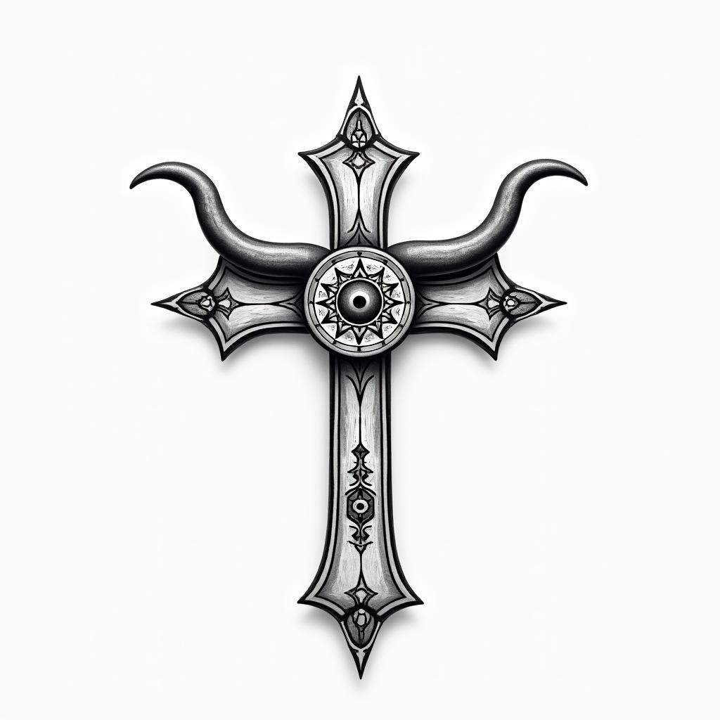 Cross with Texas long horns behind the crossin spiritual symbols tattoo style, featuring an intricate design incorporating elements, Hamsa hand, third eye, minimalist composition - Variation 3