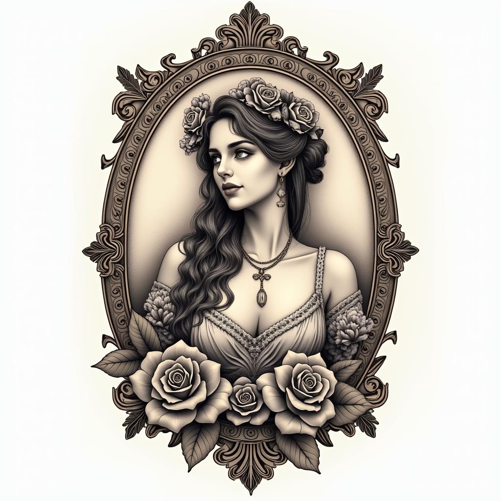 Librain victorian style tattoo, featuring vintage and elegant elements, ornate frames, roses, antique, sepia-toned color scheme - Variation 3