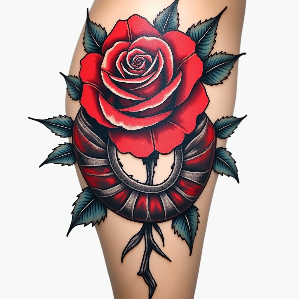 Thigh tattoo rose and thorn in the shape of a G but hiddenin pop art style tattoo, featuring bold and vibrant colors, exaggerated outlines, iconic imagery, inspired by comic books and speech bubbles, comic book characters, retro pop culture