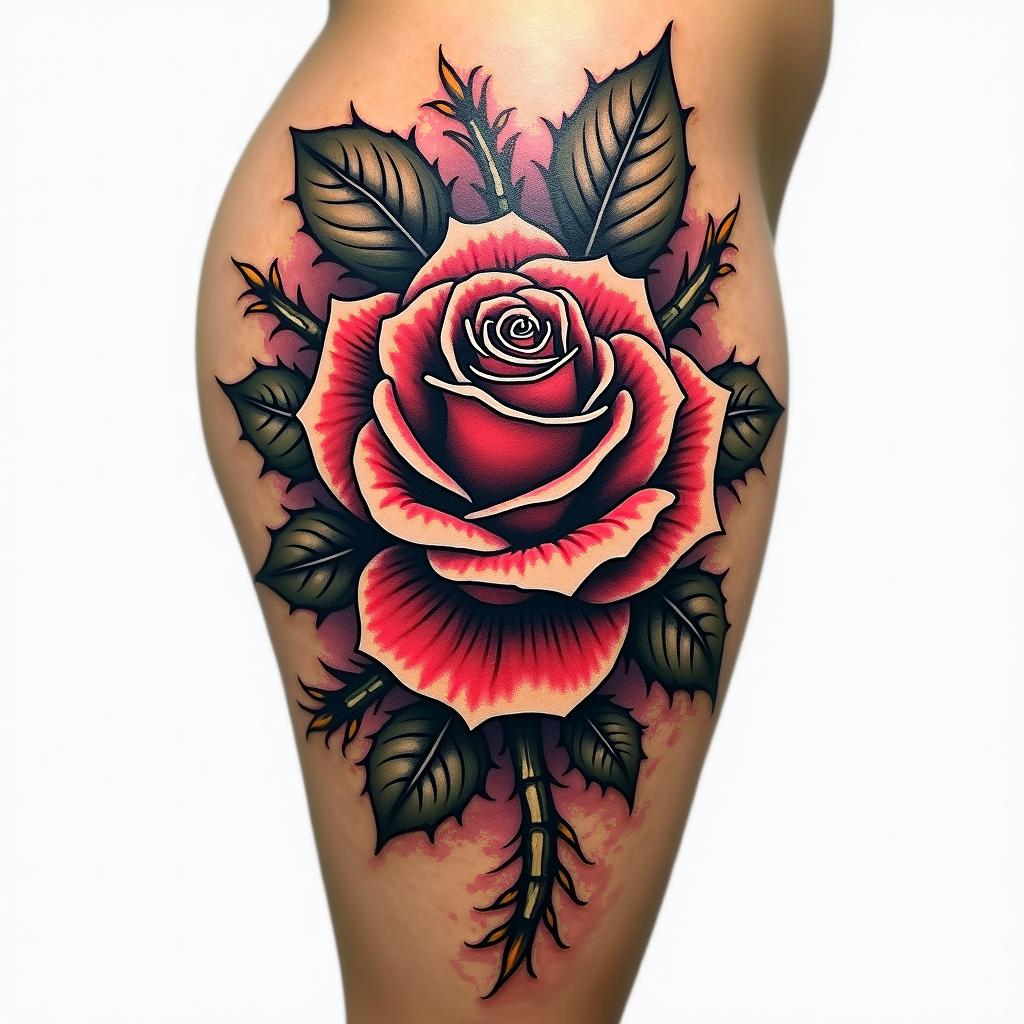 Thigh tattoo rose and thorn in the shape of a G but hiddenin pop art style tattoo, featuring bold and vibrant colors, exaggerated outlines, iconic imagery, inspired by comic books and speech bubbles, comic book characters, retro pop culture - Variation 3