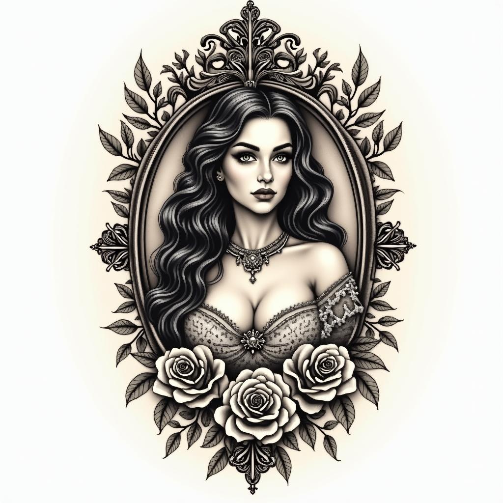 Keishawnna, creative, Pisces, boss, ceo, money,in victorian style tattoo, featuring vintage and elegant elements, ornate frames, roses, antique, sepia-toned color scheme
