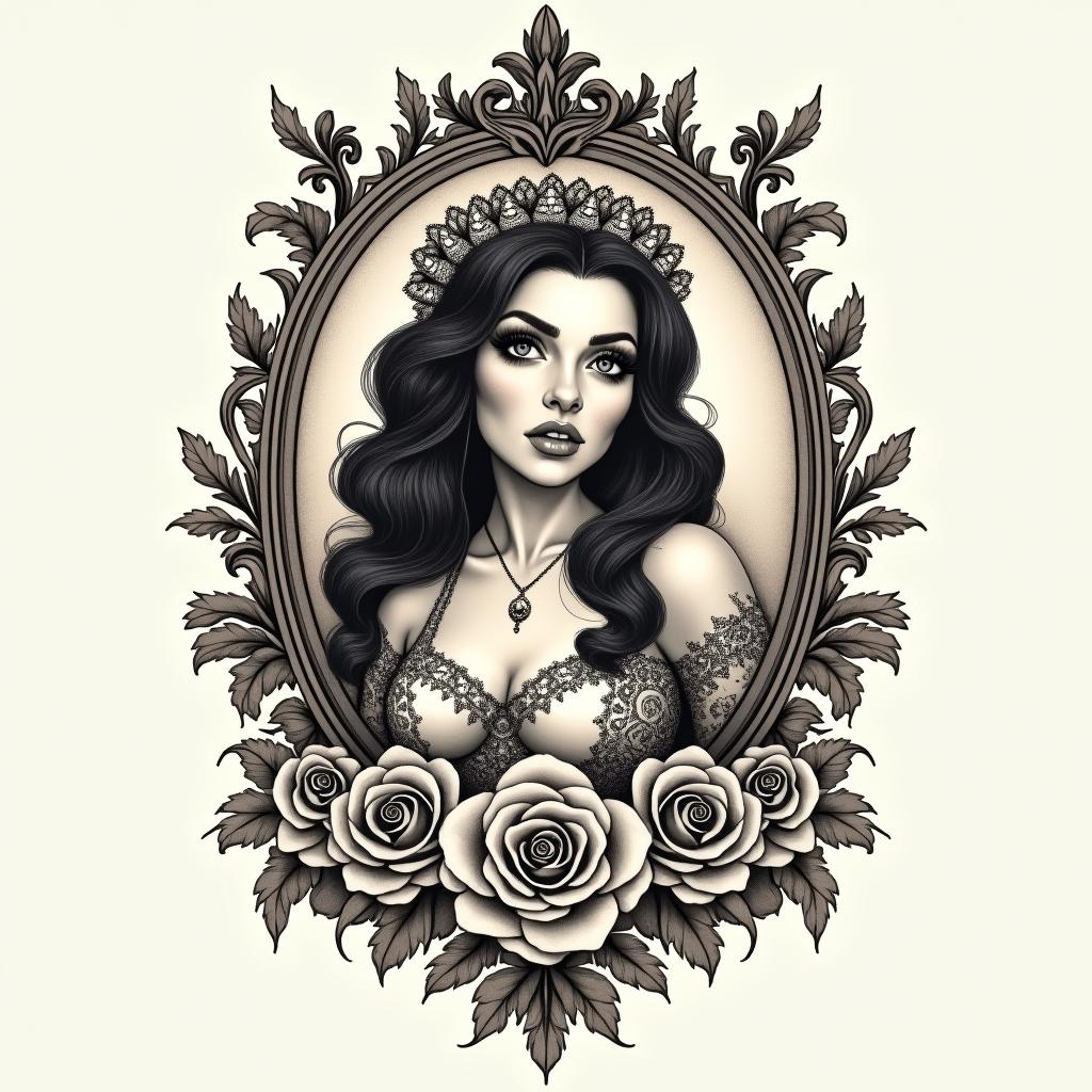 Keishawnna, creative, Pisces, boss, ceo, money,in victorian style tattoo, featuring vintage and elegant elements, ornate frames, roses, antique, sepia-toned color scheme - Variation 3