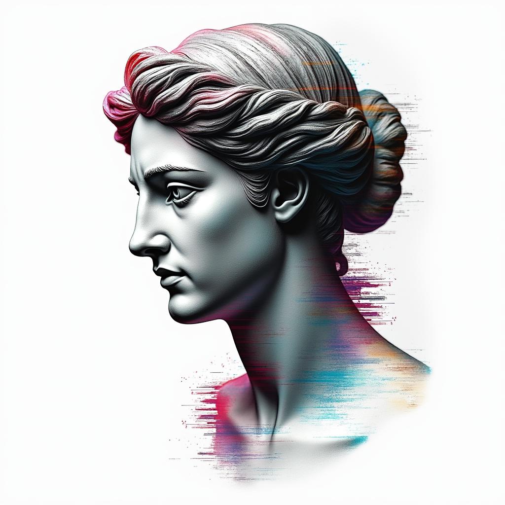 Librain distorted and fragmented tattoo design, featuring a classical statue bust, in a glitch art style with vibrant, overlapping colors of cyan, magenta, and yellow, creating a digital distortion effect - Variation 4