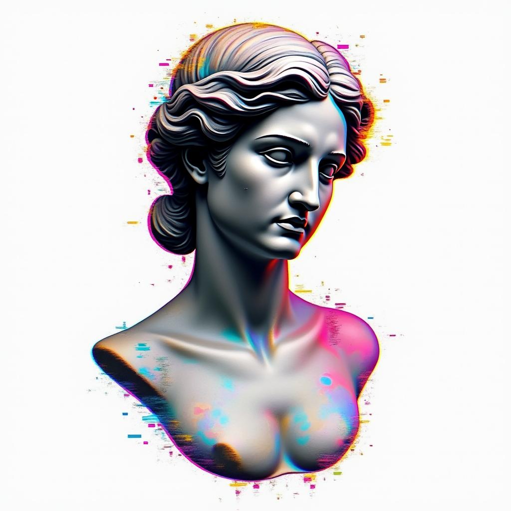 Librain distorted and fragmented tattoo design, featuring a classical statue bust, in a glitch art style with vibrant, overlapping colors of cyan, magenta, and yellow, creating a digital distortion effect