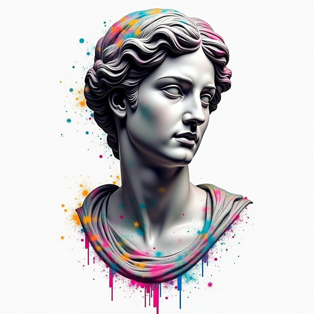 Librain distorted and fragmented tattoo design, featuring a classical statue bust, in a glitch art style with vibrant, overlapping colors of cyan, magenta, and yellow, creating a digital distortion effect - Variation 2