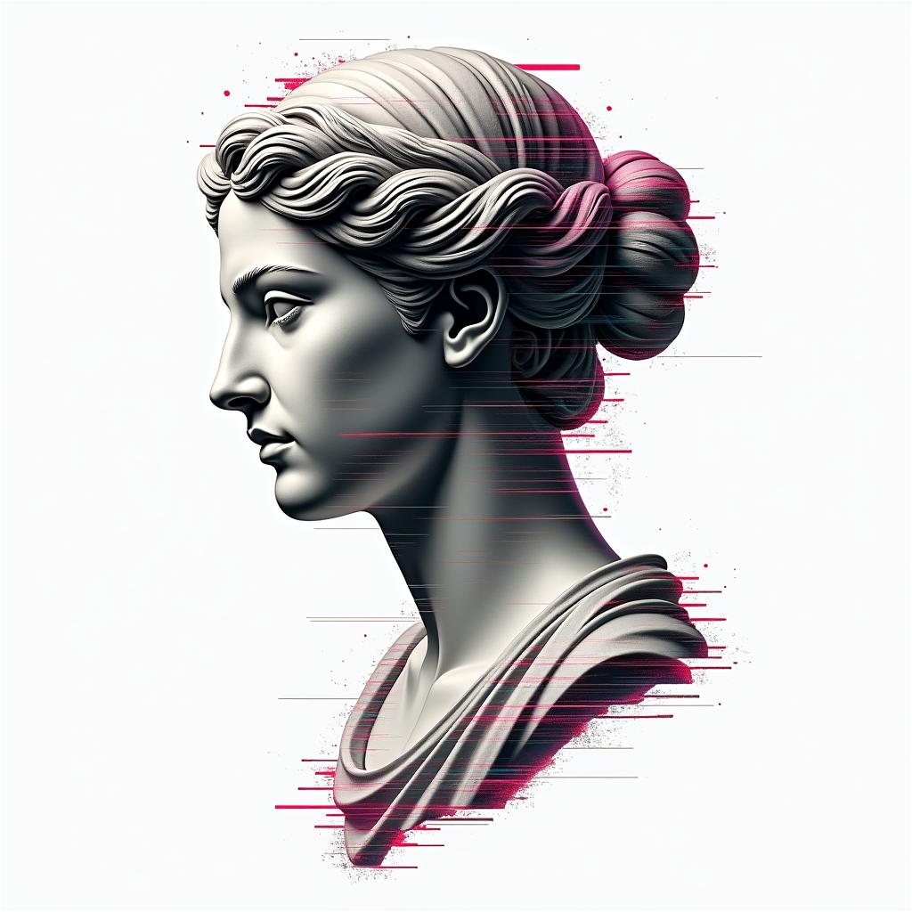 Librain distorted and fragmented tattoo design, featuring a classical statue bust, in a glitch art style with vibrant, overlapping colors of cyan, magenta, and yellow, creating a digital distortion effect - Variation 3