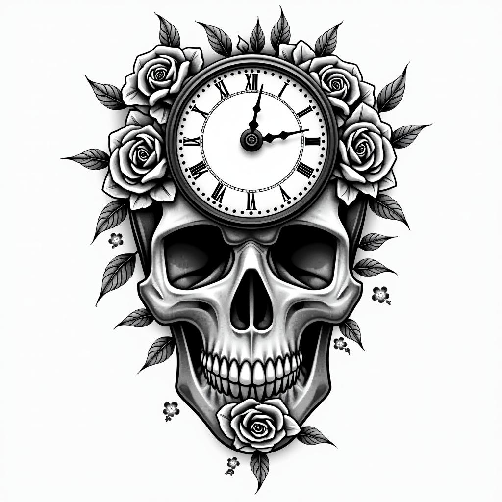 Skull with roses and clock elementstext-based tattoo, japanese font ultra-realistic, perfectly placed, high-quality font design, photo-realistic shading, 8k, high quality, finely detailed typograph