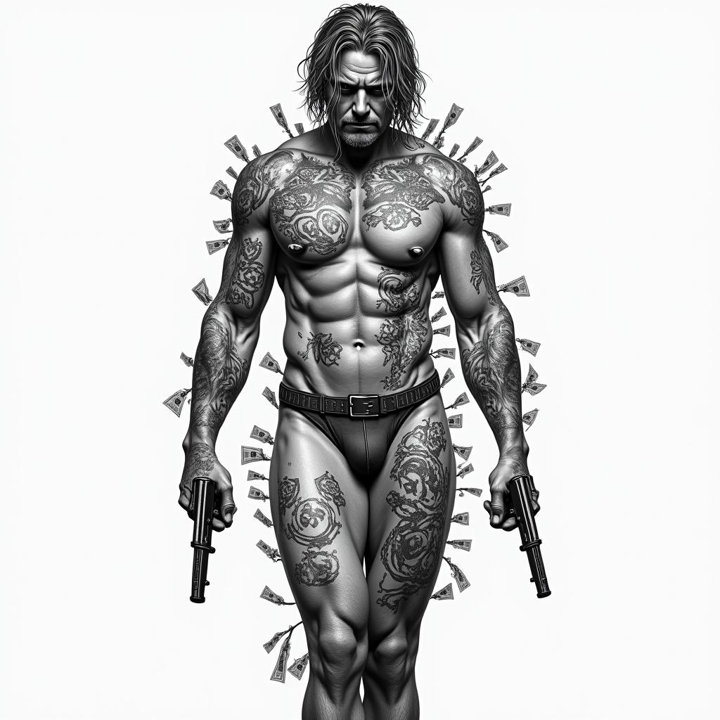 A full body of Australias most famous criminals with guns and drugs and money and naked
girlshigly detailed tattoo