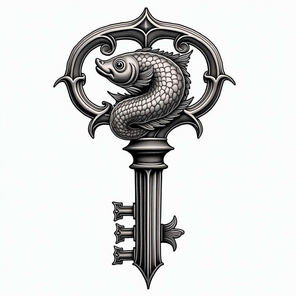 Key, Pisces, money, ceoin authentic tattoo style, incorporating traditional modifications, bold black outlines, solid color fills, featuring classic authentic elements - Variation 4