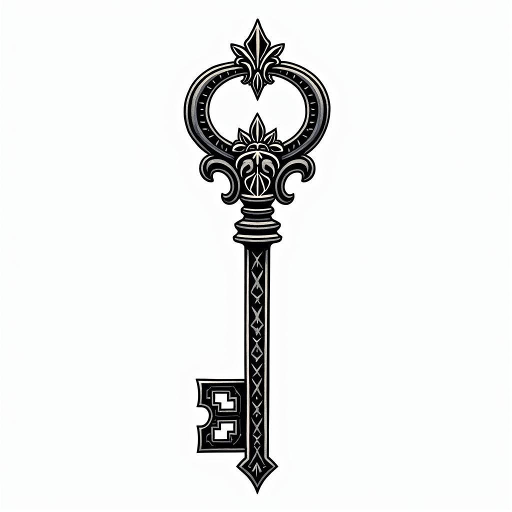 Key, Pisces, money, ceoin authentic tattoo style, incorporating traditional modifications, bold black outlines, solid color fills, featuring classic authentic elements