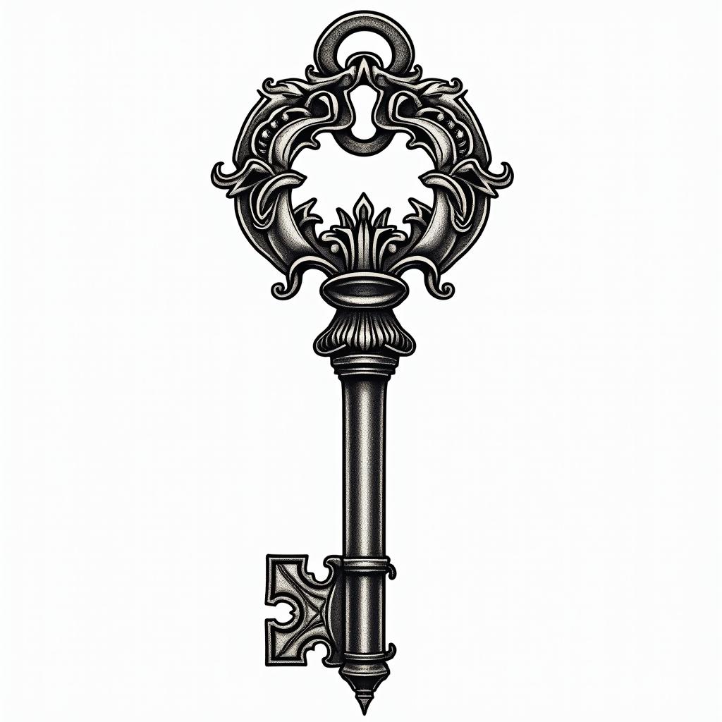 Key, Pisces, money, ceoin authentic tattoo style, incorporating traditional modifications, bold black outlines, solid color fills, featuring classic authentic elements - Variation 3