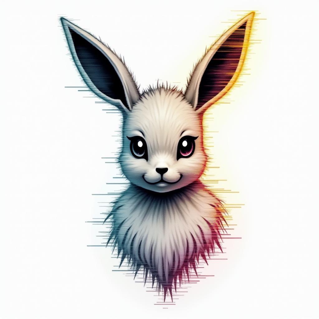 Evolutions of Eevee the Pokémonin distorted and fragmented tattoo design, featuring a classical statue bust, in a glitch art style with vibrant, overlapping colors of cyan, magenta, and yellow, creating a digital distortion effect - Variation 4