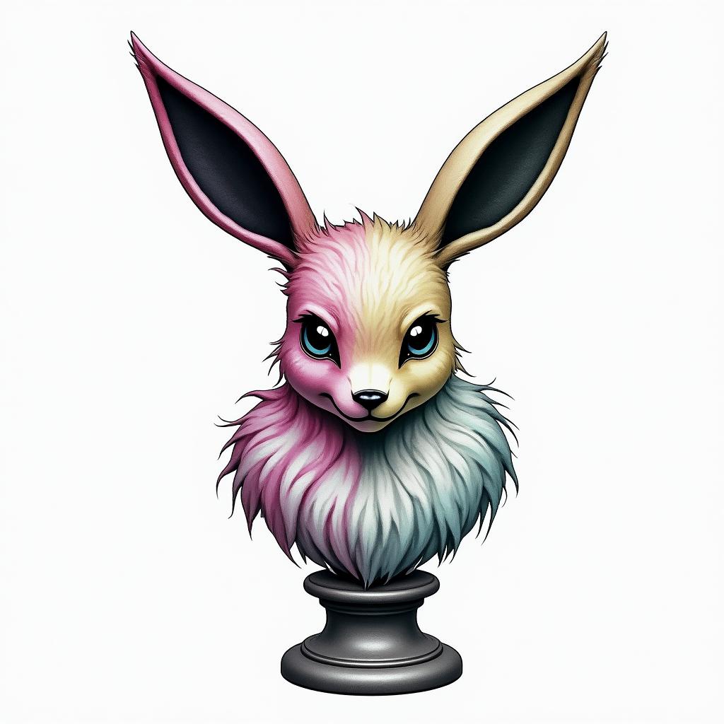 Evolutions of Eevee the Pokémonin distorted and fragmented tattoo design, featuring a classical statue bust, in a glitch art style with vibrant, overlapping colors of cyan, magenta, and yellow, creating a digital distortion effect - Variation 3