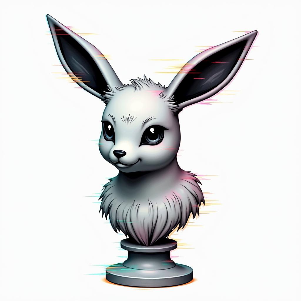 Evolutions of Eevee the Pokémonin distorted and fragmented tattoo design, featuring a classical statue bust, in a glitch art style with vibrant, overlapping colors of cyan, magenta, and yellow, creating a digital distortion effect
