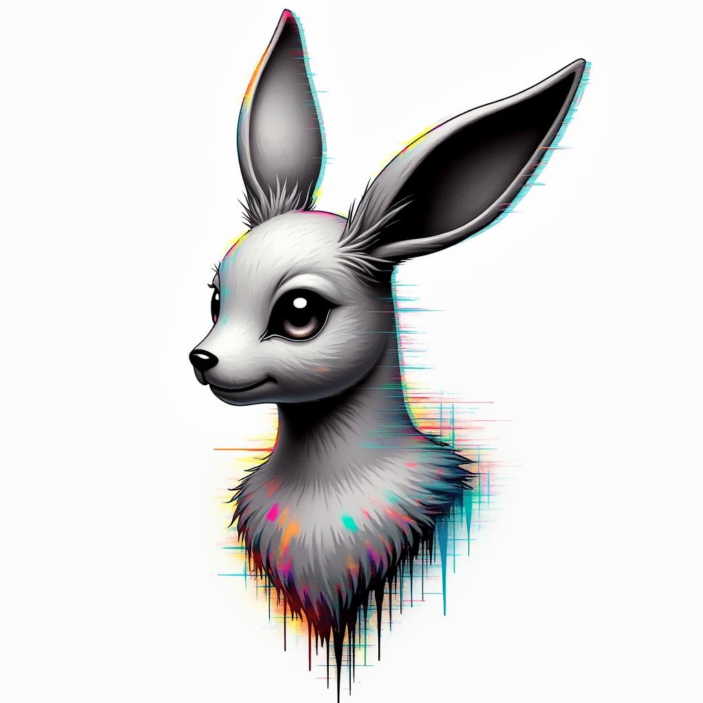 Evolutions of Eevee the Pokémonin distorted and fragmented tattoo design, featuring a classical statue bust, in a glitch art style with vibrant, overlapping colors of cyan, magenta, and yellow, creating a digital distortion effect - Variation 2