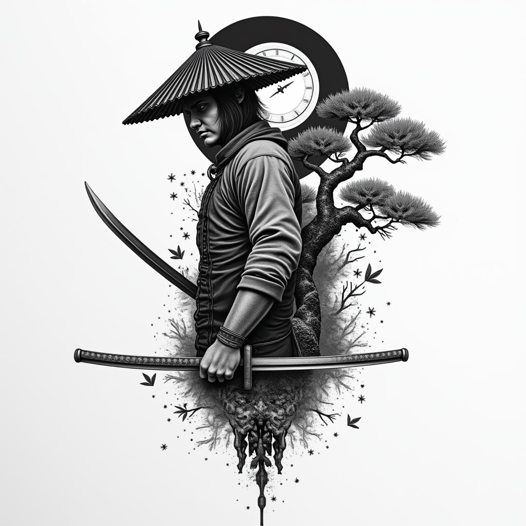 I want this tattoo but to be half of my back on my lift side of a combination of a samurai solider with a sword in this hand with a hat covering half of his face with a bonsai tree behind with with a temple & a moon in the black on the top but inside of the moon I want a clock that reads 6:25 amhigly detailed tattoo