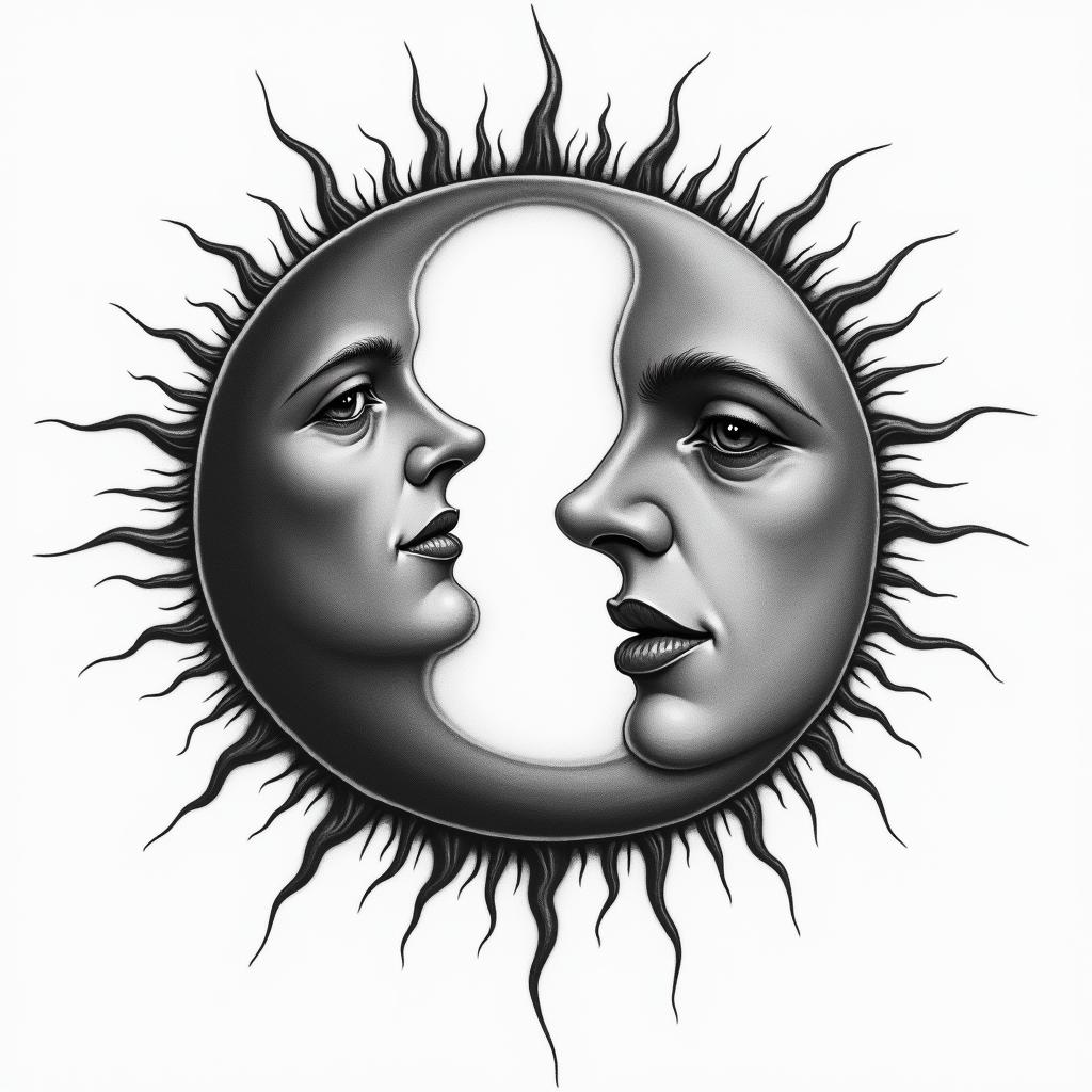 Sun and moon intertwined, shiningin realism tattoo style, featuring a highly detailed, lifelike, capturing every detail, photorealistic, ultra realistic, intricate shading, smooth and sharp, - Variation 2