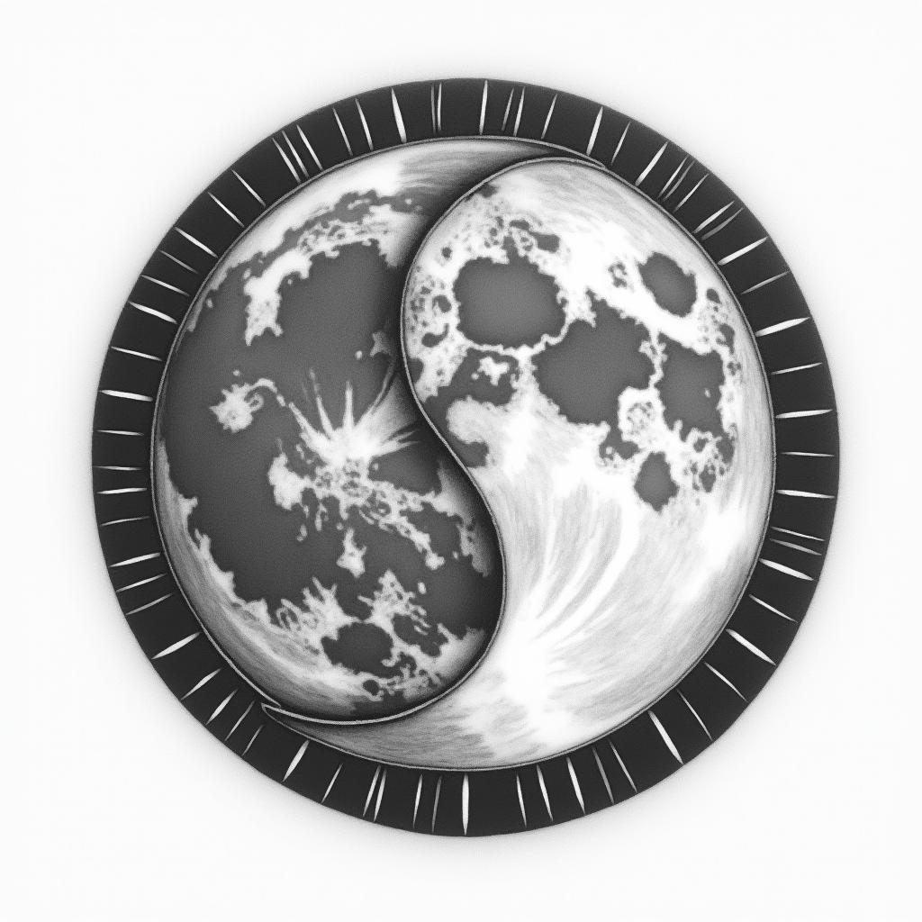 Sun and moon intertwined, shiningin realism tattoo style, featuring a highly detailed, lifelike, capturing every detail, photorealistic, ultra realistic, intricate shading, smooth and sharp,