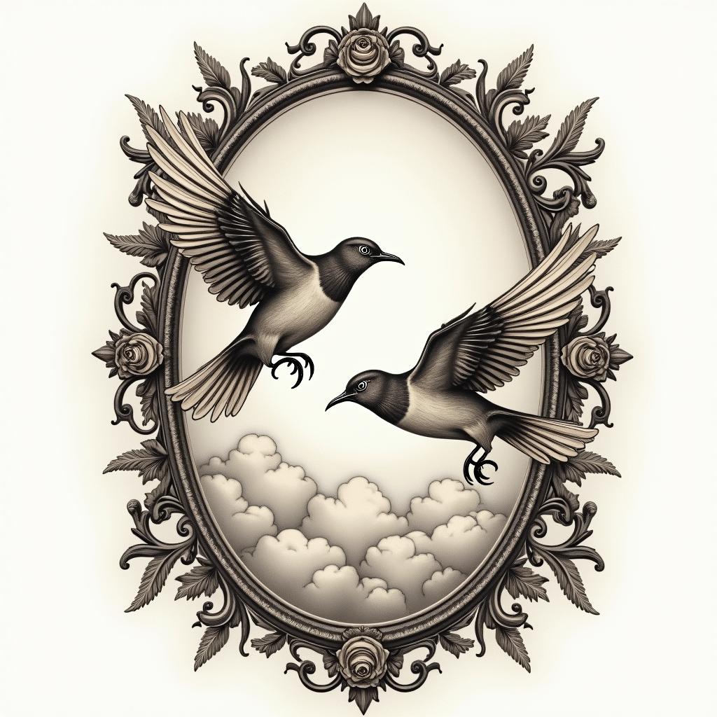 Two birds flying among cloudsin victorian style tattoo, featuring vintage and elegant elements, ornate frames, roses, antique, sepia-toned color scheme - Variation 3
