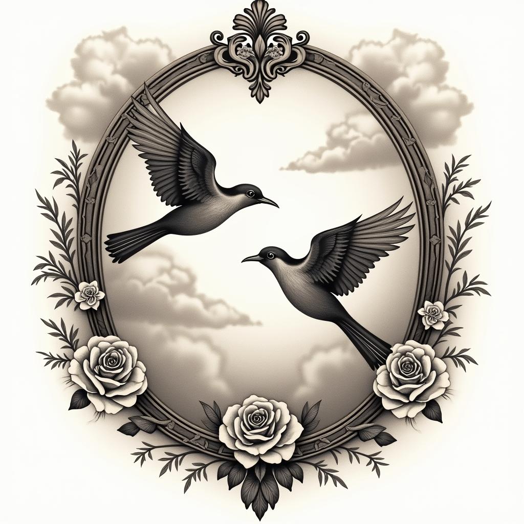 Two birds flying among cloudsin victorian style tattoo, featuring vintage and elegant elements, ornate frames, roses, antique, sepia-toned color scheme - Variation 2
