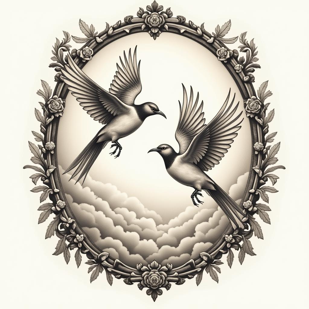 Two birds flying among cloudsin victorian style tattoo, featuring vintage and elegant elements, ornate frames, roses, antique, sepia-toned color scheme - Variation 4