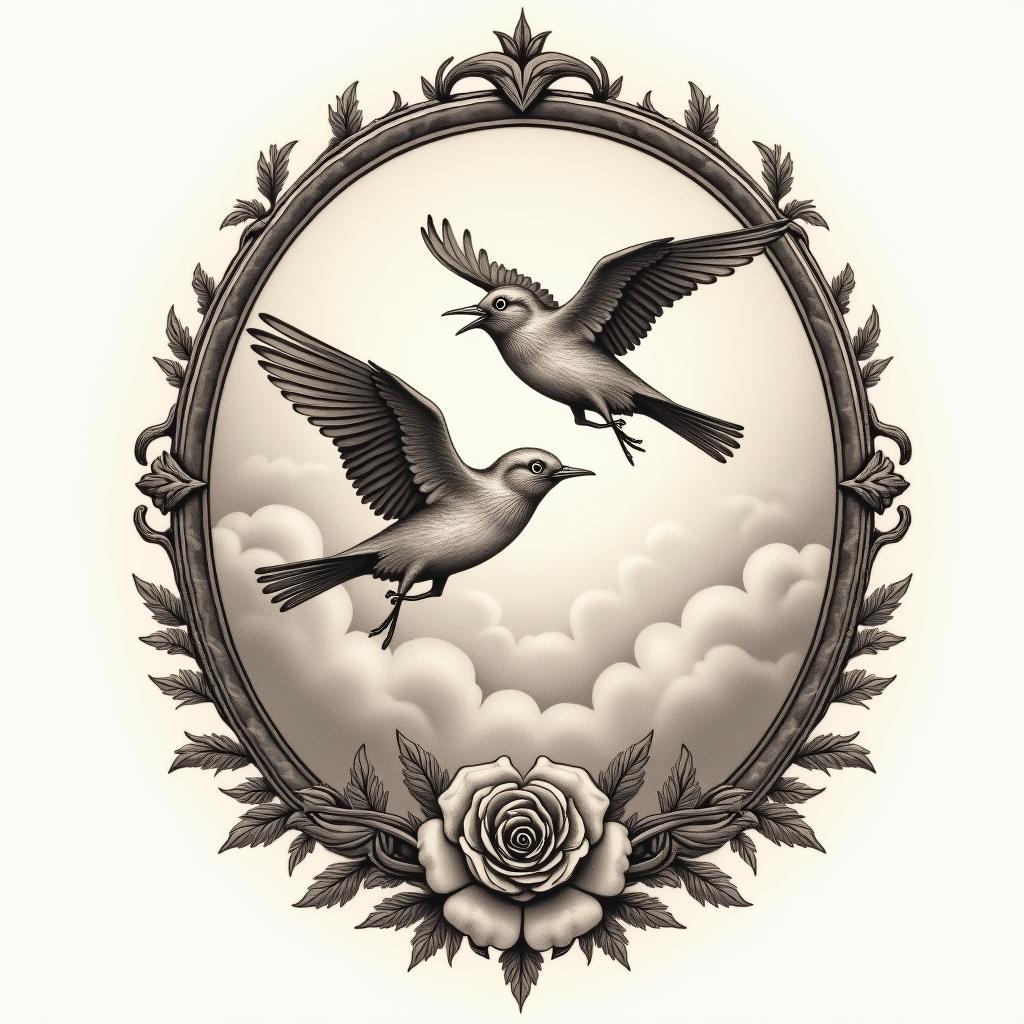 Two birds flying among cloudsin victorian style tattoo, featuring vintage and elegant elements, ornate frames, roses, antique, sepia-toned color scheme