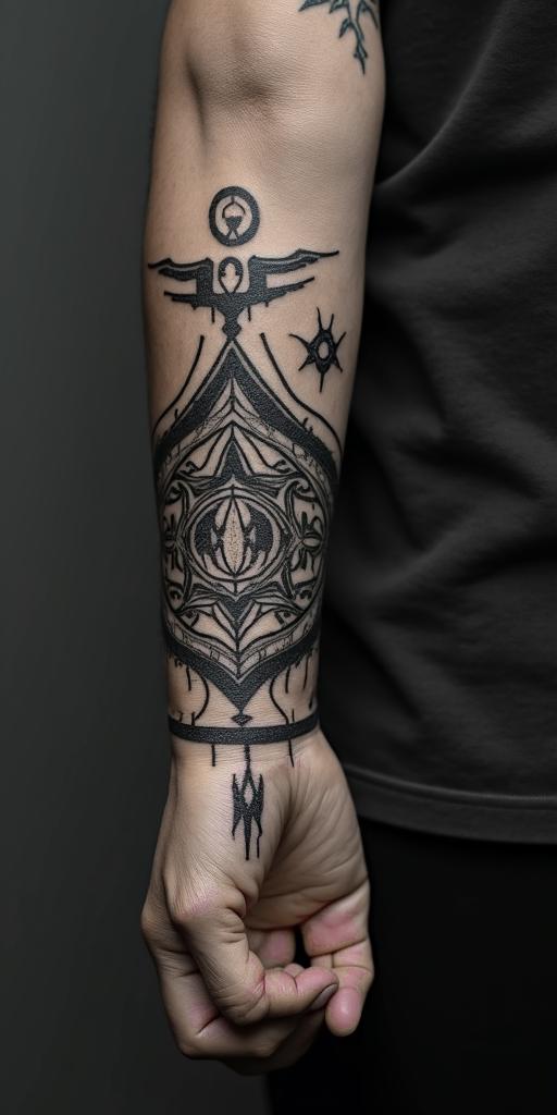 Yair Soto, Aries, Durango Mexico.in paganic style tattoo, featuring ancient symbols, add vegvisir symbol, mystical figures, incorporating designs, pentagrams, runes, crescent moons,