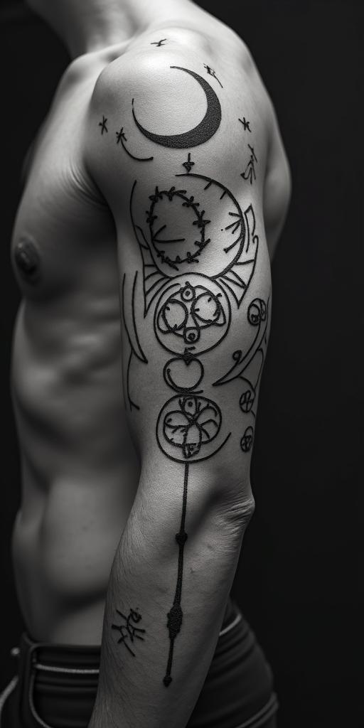 Yair Soto, Aries, Durango Mexico.in paganic style tattoo, featuring ancient symbols, add vegvisir symbol, mystical figures, incorporating designs, pentagrams, runes, crescent moons, - Variation 4