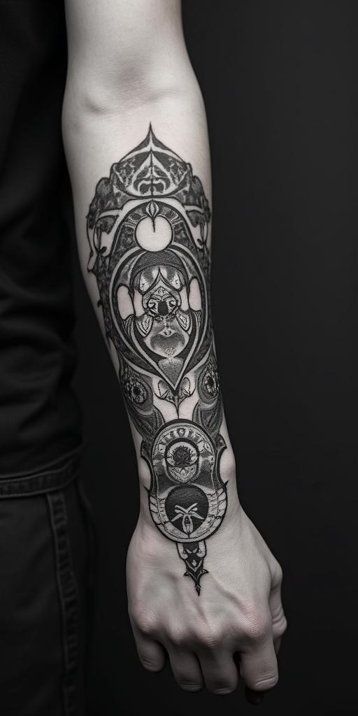 Yair Soto, Aries, Durango Mexico.in paganic style tattoo, featuring ancient symbols, add vegvisir symbol, mystical figures, incorporating designs, pentagrams, runes, crescent moons, - Variation 3