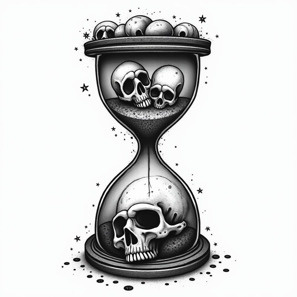 Hourglass with sand and skullsin graffiti style tattoo, featuring bold and dynamic street art elements, spray-paint texture with exaggerated lines and expressive, chaotic brushstrokes, intricate lettering incorporated with graffiti tags, symbols like hearts, stars, and wings