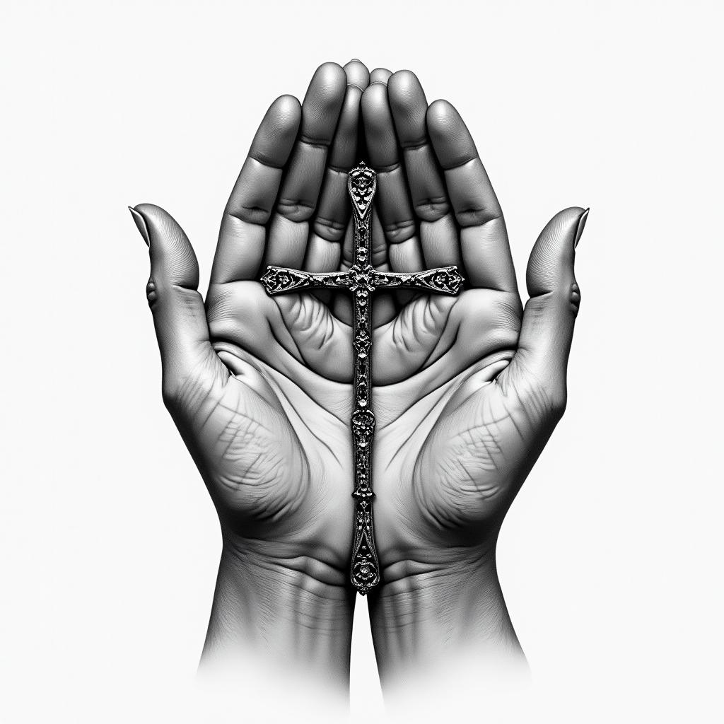 Prayer hands tattoos with rosaryin realism tattoo style, featuring a highly detailed, lifelike, capturing every detail, photorealistic, ultra realistic, intricate shading, smooth and sharp, - Variation 16