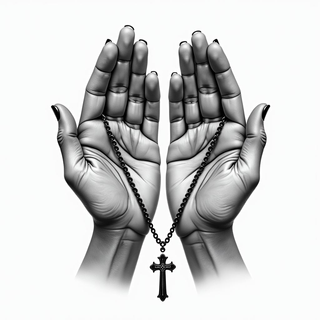 Prayer hands tattoos with rosaryin realism tattoo style, featuring a highly detailed, lifelike, capturing every detail, photorealistic, ultra realistic, intricate shading, smooth and sharp, - Variation 13