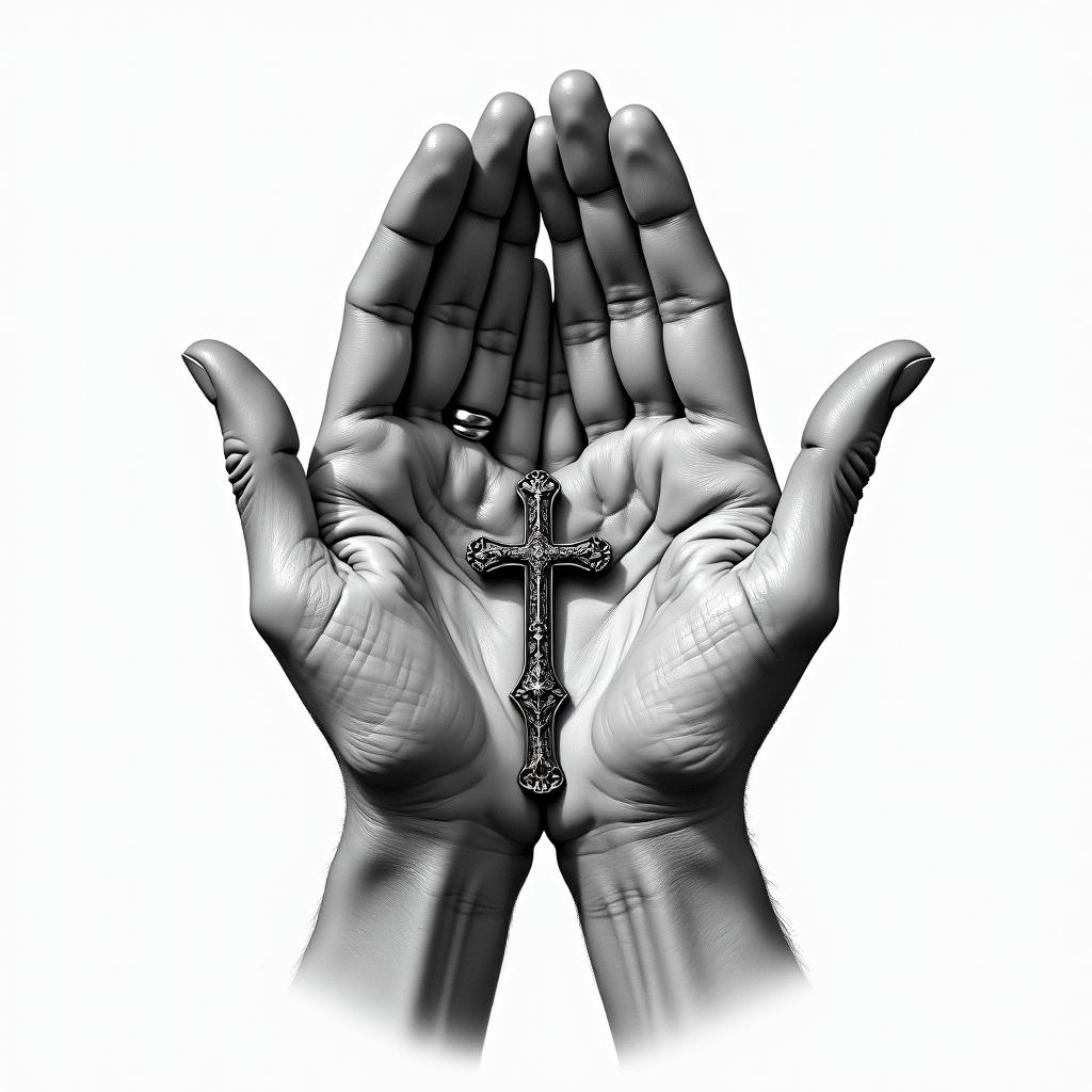 Prayer hands tattoos with rosaryin realism tattoo style, featuring a highly detailed, lifelike, capturing every detail, photorealistic, ultra realistic, intricate shading, smooth and sharp, - Variation 12