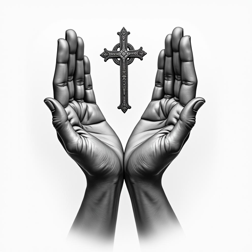 Prayer hands tattoos with rosaryin realism tattoo style, featuring a highly detailed, lifelike, capturing every detail, photorealistic, ultra realistic, intricate shading, smooth and sharp, - Variation 2