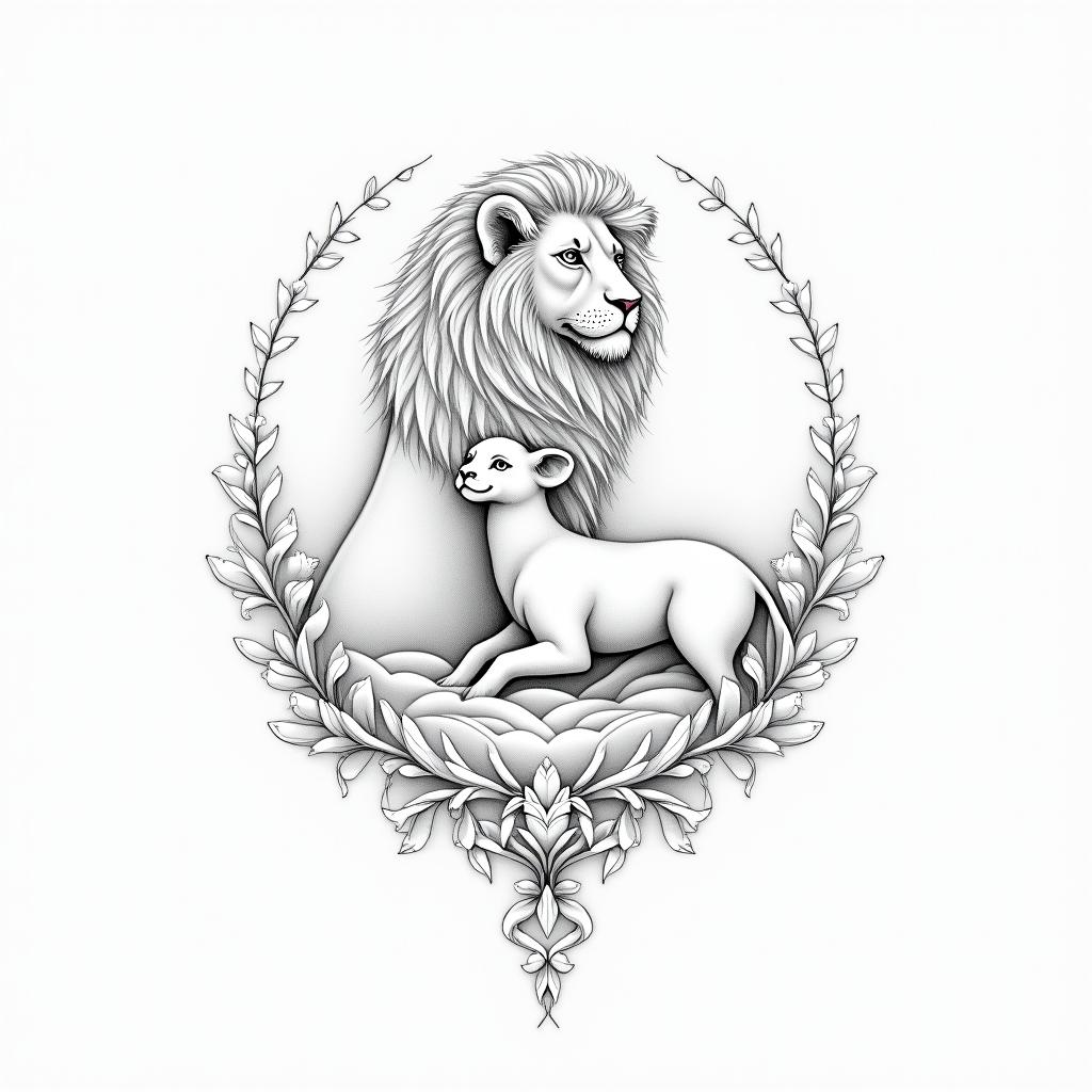 Single needle fine line. Lion and the lamb.in Modest style tattoo, featuring soft, delicate line work with simple and meaningful symbols, gentle waves, a heart, evoking a sense of serenity and grace, - Variation 4