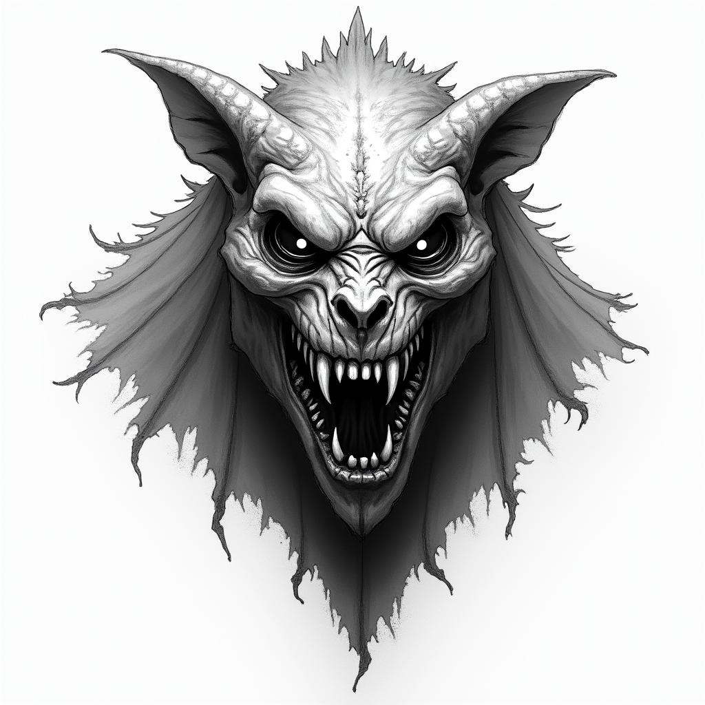 A fierce and scary mythological creature with sharp teeth and deep, haunting eyes, showcasing a strong, muscular body structure adorned with visible scars that signify battles and struggles endured. The creature embodies feelings of power and resilience, encapsulating the spirit of "Trust none." The overall aesthetic should evoke a sense of strength while being intimidating and fierce. in horror tattoo style, showcasing haunting and unsettling, dark and gritty textures with skulls, eerie faces, jgged designs, bold and intense shading - Variation 4