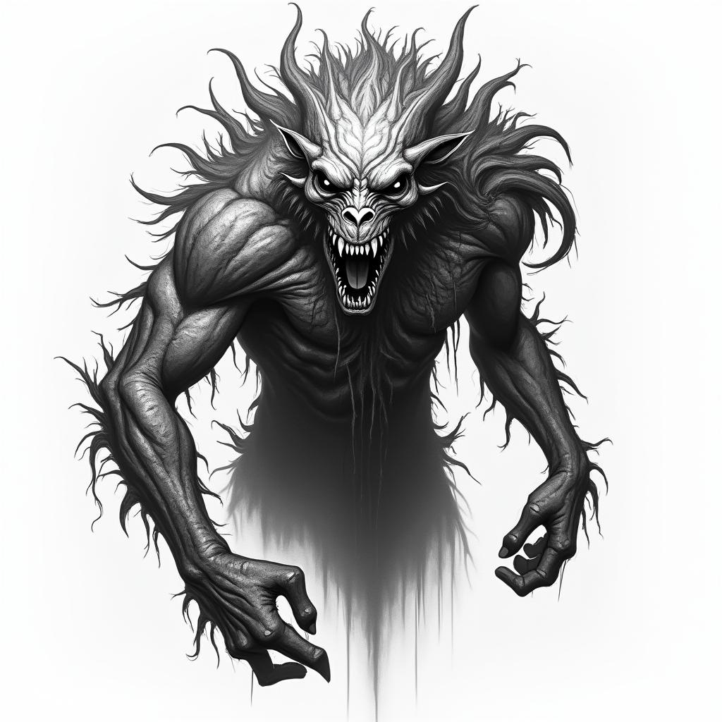 A fierce and scary mythological creature with sharp teeth and deep, haunting eyes, showcasing a strong, muscular body structure adorned with visible scars that signify battles and struggles endured. The creature embodies feelings of power and resilience, encapsulating the spirit of "Trust none." The overall aesthetic should evoke a sense of strength while being intimidating and fierce. in horror tattoo style, showcasing haunting and unsettling, dark and gritty textures with skulls, eerie faces, jgged designs, bold and intense shading - Variation 3