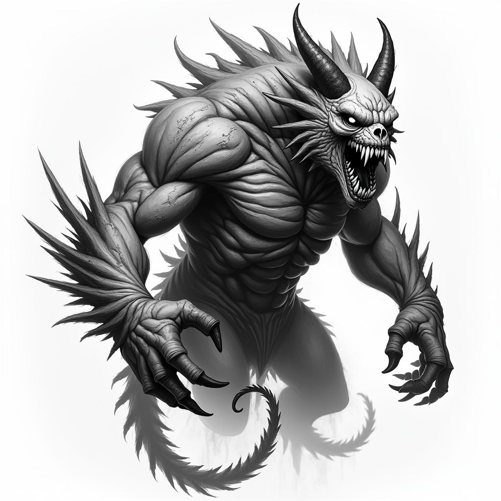 A fierce and scary mythological creature with sharp teeth and deep, haunting eyes, showcasing a strong, muscular body structure adorned with visible scars that signify battles and struggles endured. The creature embodies feelings of power and resilience, encapsulating the spirit of "Trust none." The overall aesthetic should evoke a sense of strength while being intimidating and fierce. in horror tattoo style, showcasing haunting and unsettling, dark and gritty textures with skulls, eerie faces, jgged designs, bold and intense shading - Variation 2