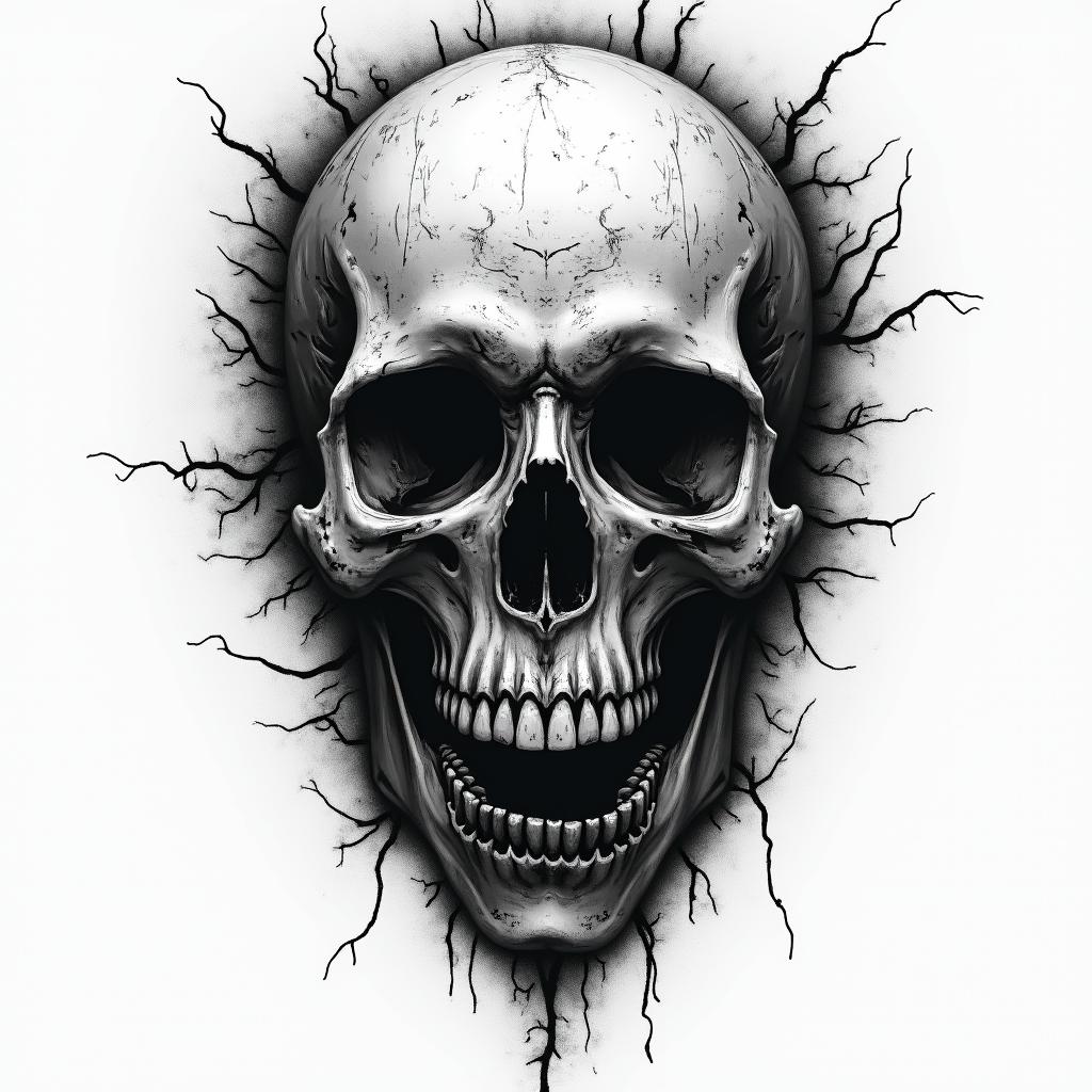 Florian stier luckenwalde in horror tattoo style, showcasing haunting and unsettling, dark and gritty textures with skulls, eerie faces, jgged designs, bold and intense shading - Variation 2