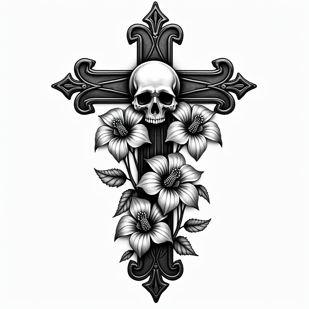 Lily flowers are blooming.in chicano style tattoo, featuring intricate black and grey shading, bold elements of traditional chicano culture symbols, add a big cross with skull, chains and roses