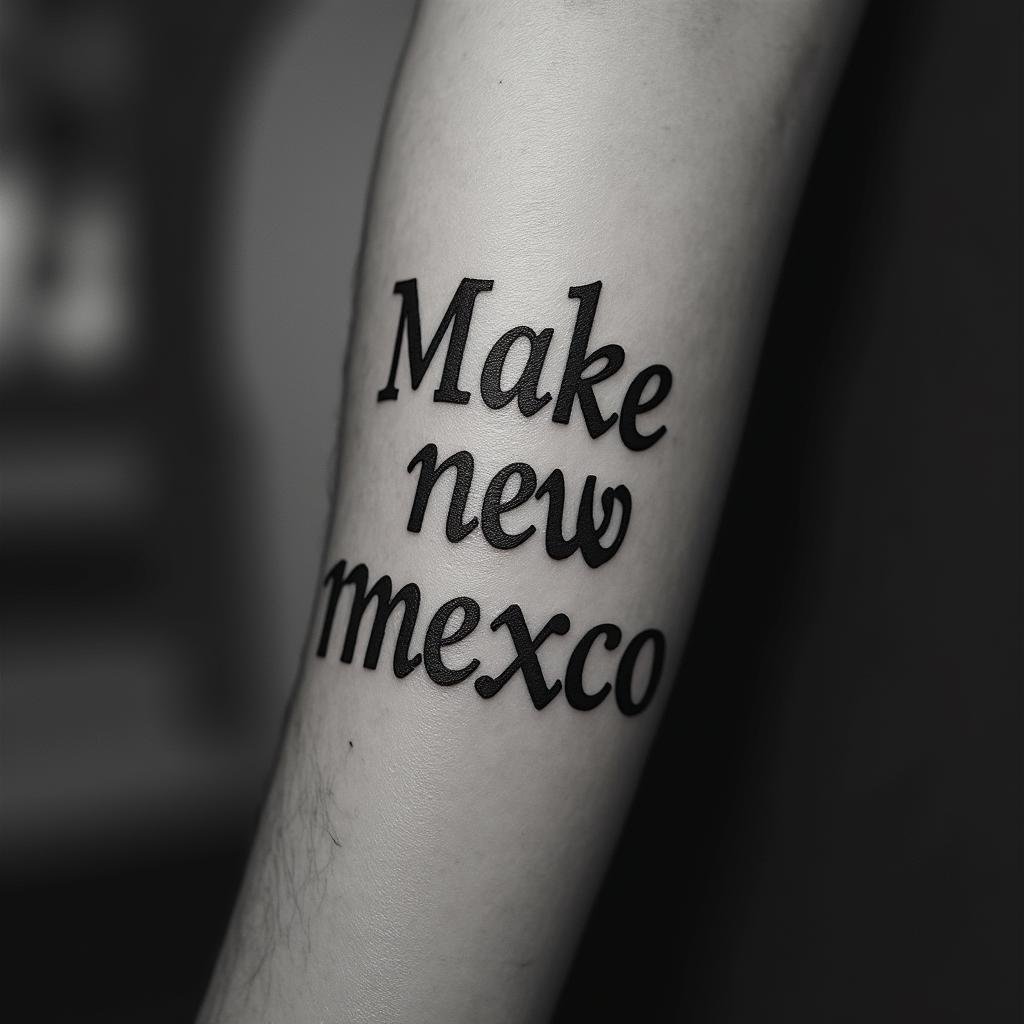 Make it say NEW MEXICOtext-based tattoo, gothic font ultra-realistic, perfectly placed, high-quality font design, photo-realistic shading, 8k, high quality, finely detailed typography - Variation 7
