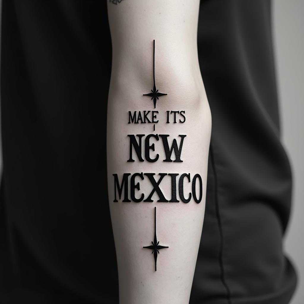 Make it say NEW MEXICOtext-based tattoo, gothic font ultra-realistic, perfectly placed, high-quality font design, photo-realistic shading, 8k, high quality, finely detailed typography - Variation 5