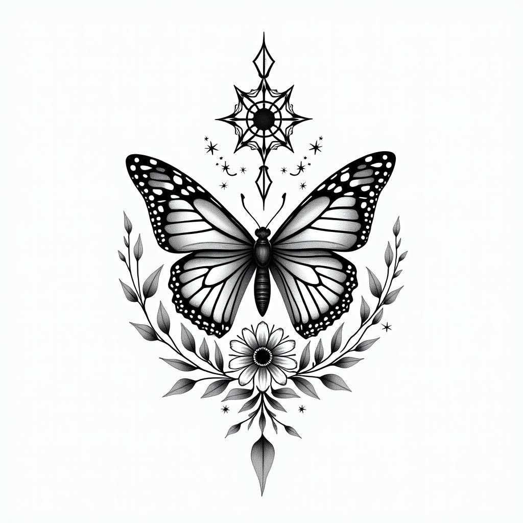 Butterflies, flowers, abstract, cancer, 1989in spiritual symbols tattoo style, featuring an intricate design incorporating elements, Hamsa hand, third eye, minimalist composition - Variation 2