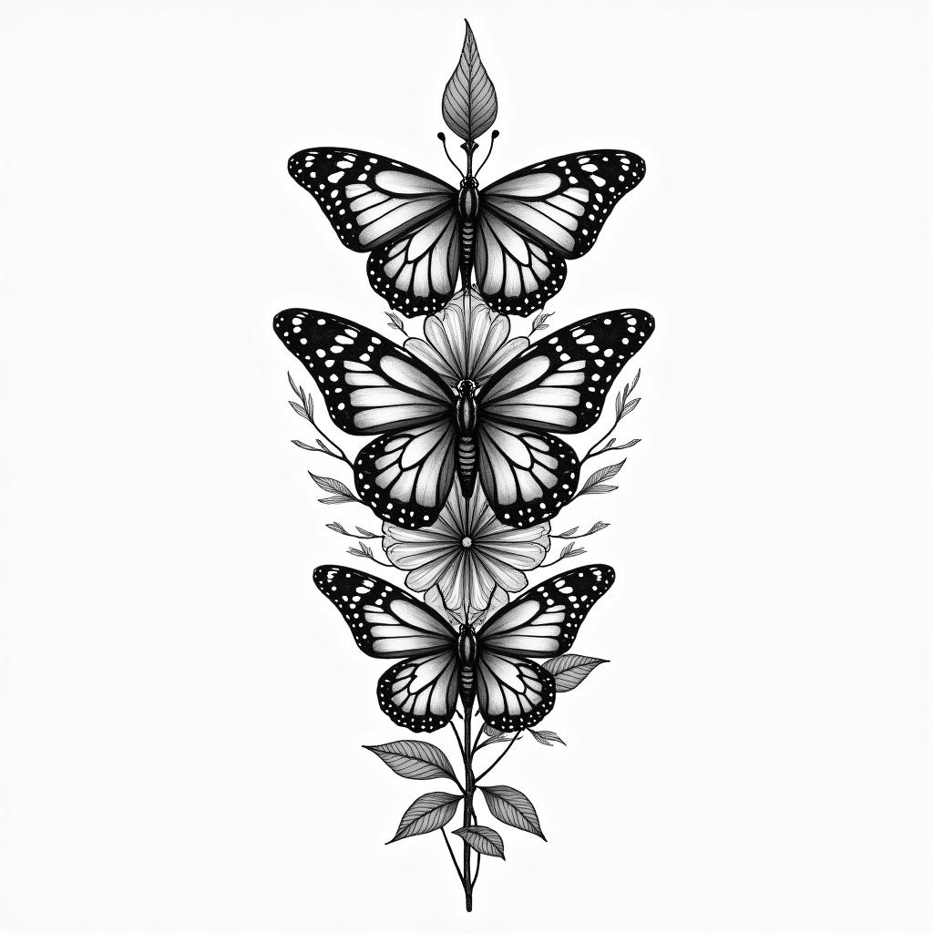 Butterflies, flowers, abstract, cancer, 1989in spiritual symbols tattoo style, featuring an intricate design incorporating elements, Hamsa hand, third eye, minimalist composition - Variation 4