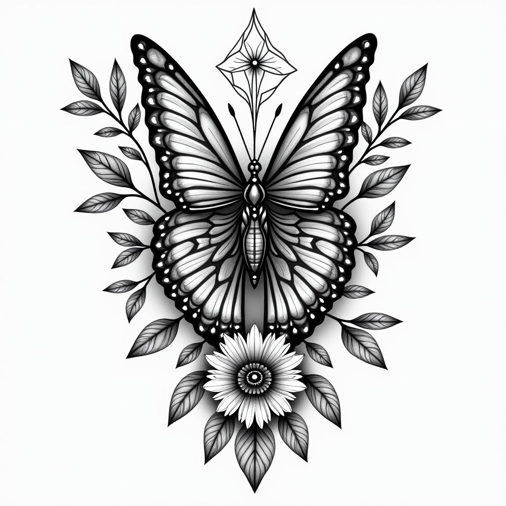 Butterflies, flowers, abstract, cancer, 1989in spiritual symbols tattoo style, featuring an intricate design incorporating elements, Hamsa hand, third eye, minimalist composition - Variation 3
