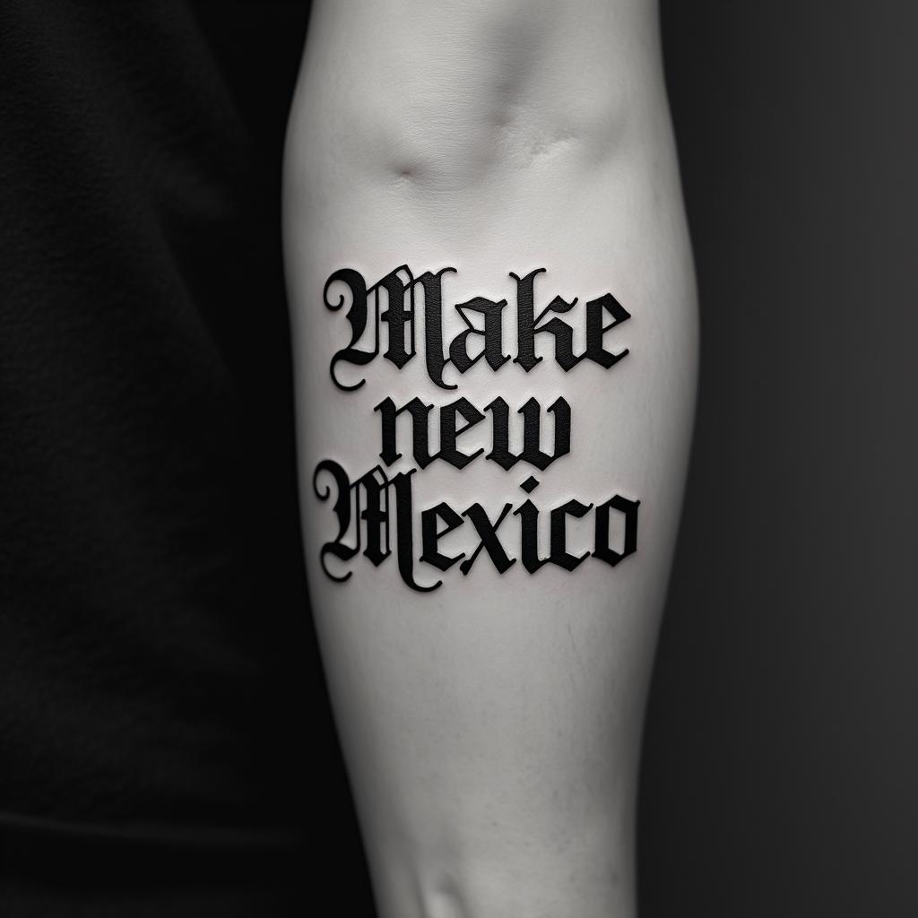 Make it say NEW MEXICOtext-based tattoo, gothic font ultra-realistic, perfectly placed, high-quality font design, photo-realistic shading, 8k, high quality, finely detailed typography - Variation 2